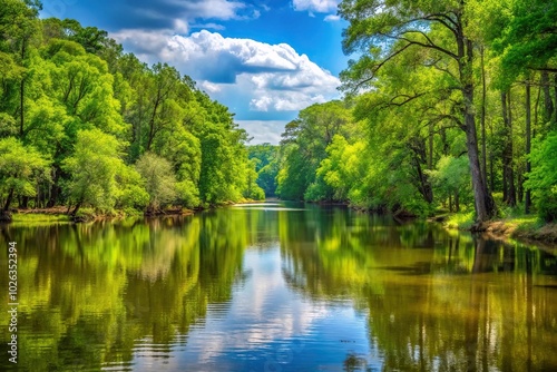 nature background with river and bright green trees swampy environment in the distance