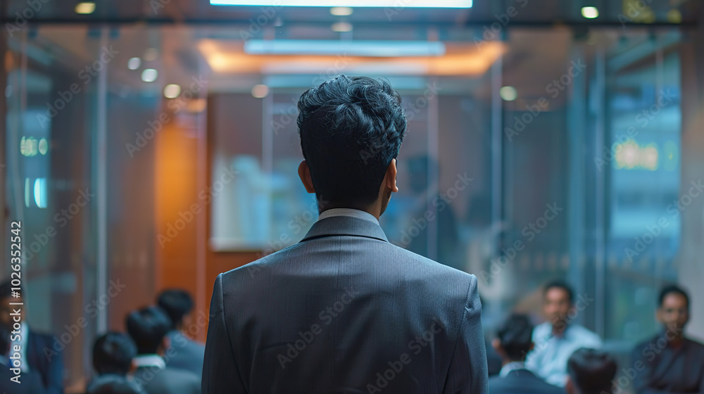 Fototapeta premium Indian Professional Delivering Presentation in Modern Office, Audience in Blurred Background, Formal Attire and Engaging Gesture