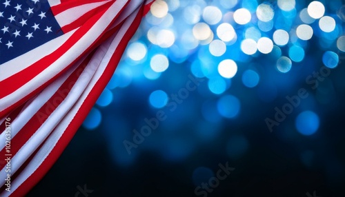 united states flag border over blue and black bokeh lights background with copy space for american holidays