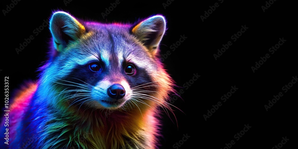 Obraz premium Colorful raccoon illustration against a black backdrop from a low angle