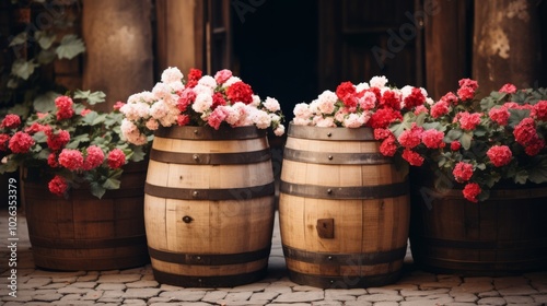 Preserving the Past: Vintage Wooden B rel adorning Old Wine Cell  Walls, Embracing Tradition, Wine photo