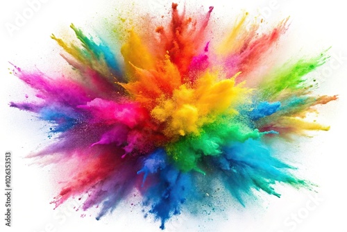 Colorful rainbow explosion of holi powder paint on white background