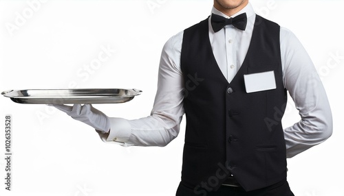 waiter holding an empty silver tray with copy space file trnsparent background photo