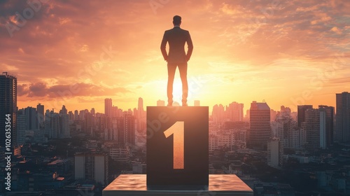 Businessman standing proudly on a number one podium at sunrise