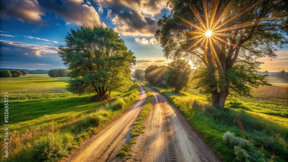 Fototapeta premium Scenic dirt road with trees and sunbeam in background