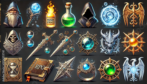 Mage potions mystical symbols and ancient books for fantasy RPG designs
