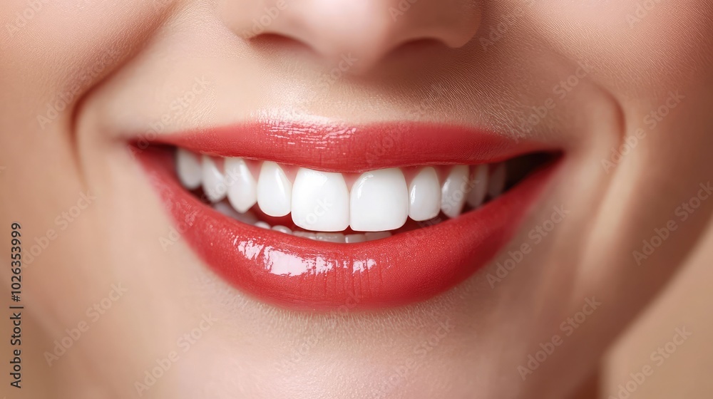 Obraz premium Close-up of a woman's smile showing glossy lips