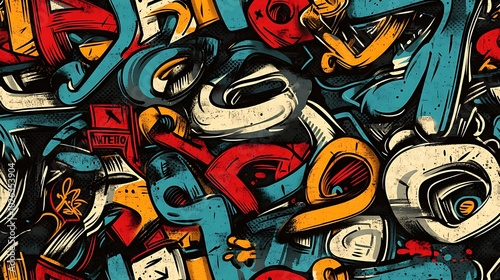 Wallpaper Mural Seamless graffiti pattern featuring bold, stylized letters and numbers in vibrant neon colors, using a mix of bubble, block, and wildstyle graffiti techniques, Torontodigital.ca