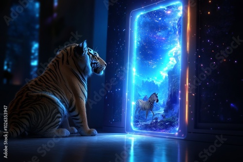 Animal exhibits with magical portals, where animals like tigers and zebras step through glowing portals into different environments, showing otherworldly landscapes photo