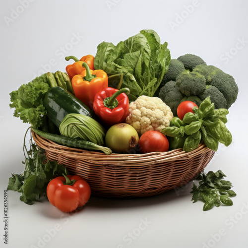 Basket of fresh colorful vegetables and herbs