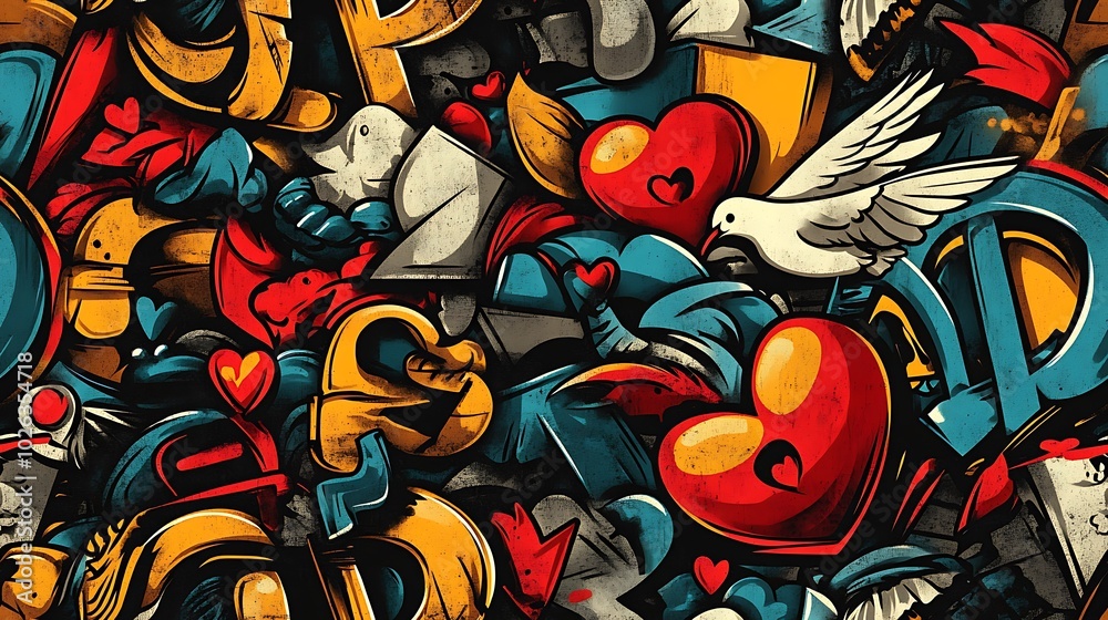 Fototapeta premium Seamless graffiti pattern featuring colorful hearts, peace signs, and doves, intertwined with vibrant flowers and neon brushstrokes,