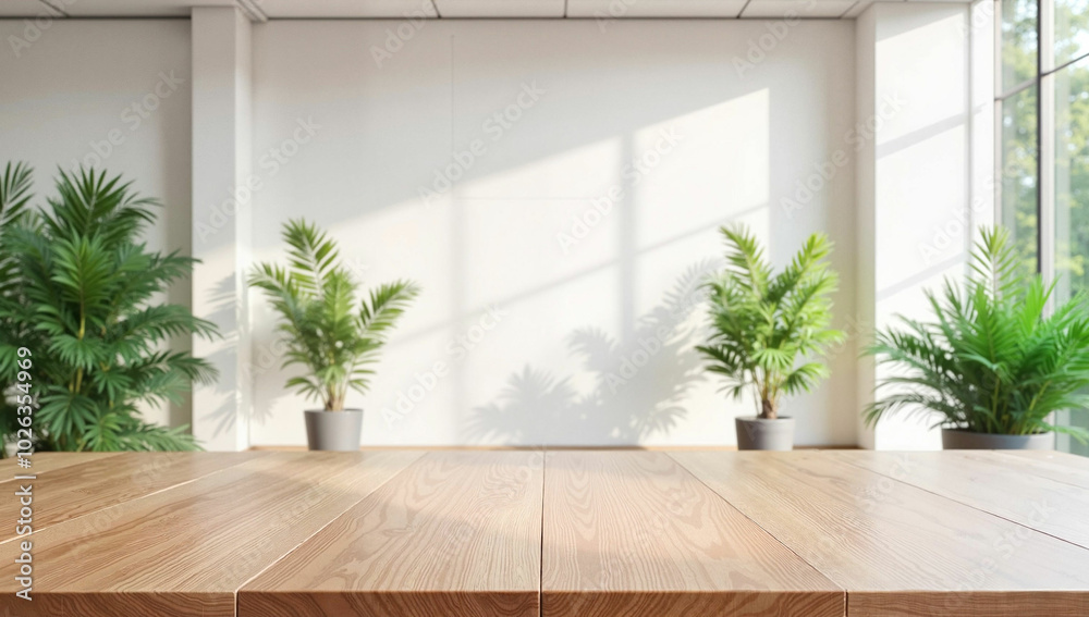 Wooden table in a sunny office space with green plants in a minimalist design Wooden table in a sunny office space with green plants in a minimalist design