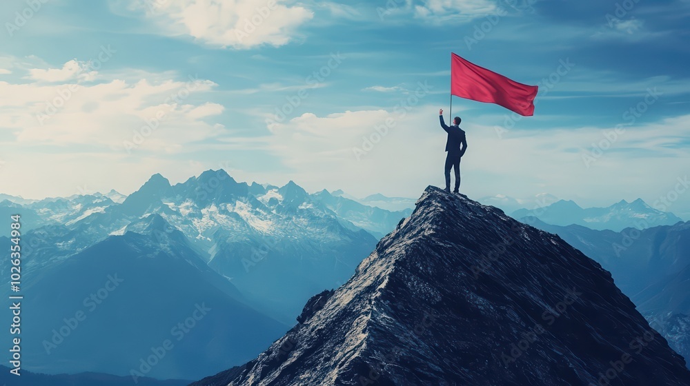 Obraz premium A silhouette of a person on a mountain peak, proudly holding a red flag against a backdrop of majestic clouds and snowy mountains.