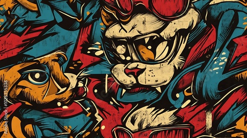 Wallpaper Mural Seamless graffiti pattern featuring expressive cats, street dogs, and urban birds, intertwined with dynamic brushstrokes and neon splashes, layered on a rough concrete wall, Torontodigital.ca