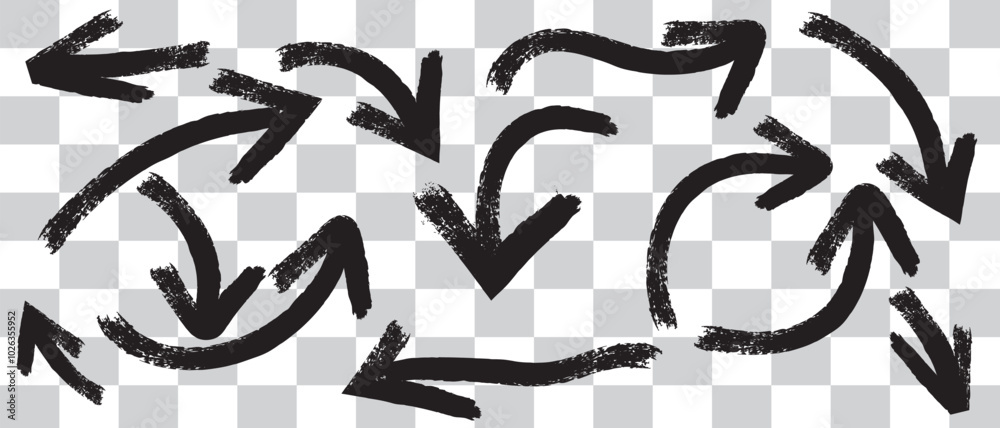 Various bold brush drawn curved arrows. Collection doodle marker thick arrows in different directions. Hand drawn vector direction pointers. Curved and wavy brush strokes with scratches. Various bold brush drawn curved arrows. Collection doodle marker thick arrows in different directions. Hand drawn vector direction pointers. Curved and wavy brush strokes with scratches.