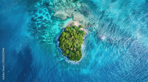 ** Aerial View of a Tropical Island Surrounded by Turquoise Ocean Waters and Vibrant Coral Reefs..**