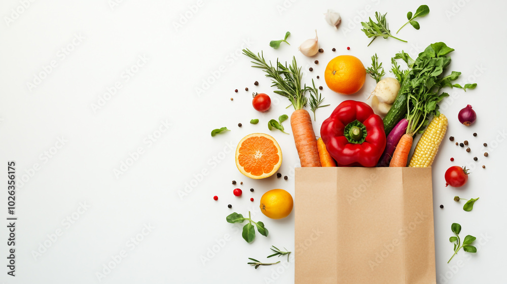 Grocery bag with vegetables and fruits on a white background. Top view and flat lay design concept.
Grocery bag with vegetables and fruits on a white background. Top view and flat lay design concept.