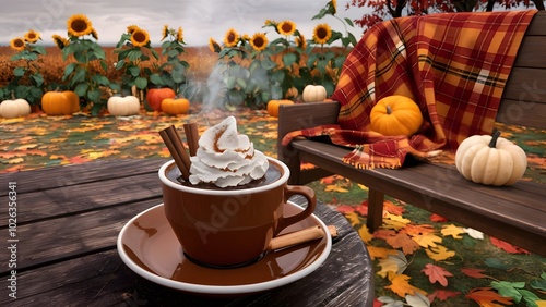 a cup of coffee sitting on top of a wooden table next to a blanket and pumpkins and a vase of flowers, Dennis Ashbaugh, dau-al-set, autumn, a stock photo photo