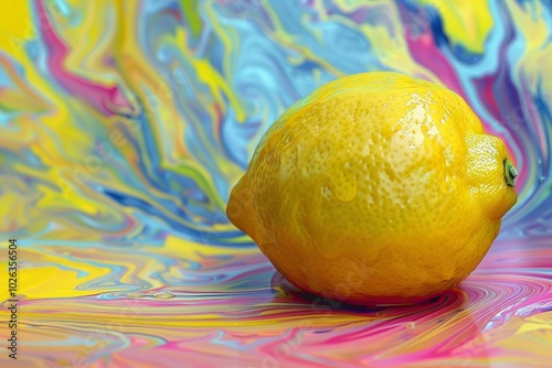 Vibrant lemon on swirled colorful background photo