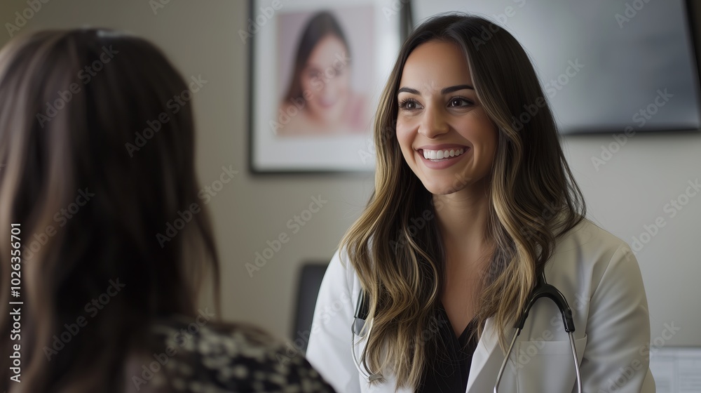 Smiling female doctor having a conversation with a patient. The doctor ...