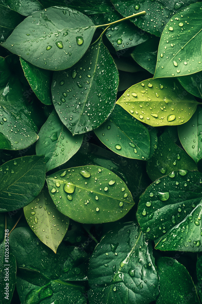 Fototapeta premium Natural Texture of Green Leaves Covered with Water Drops for Design