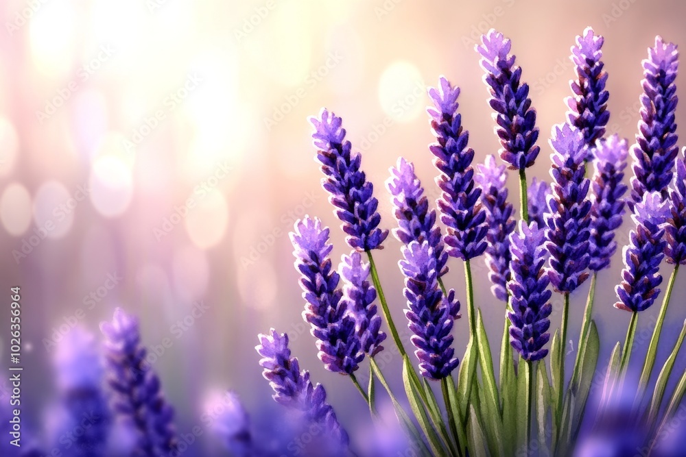 Naklejka premium Delicate watercolor scene of a lavender field, with gentle shades of purple and green, capturing the calming beauty of a blooming lavender landscape