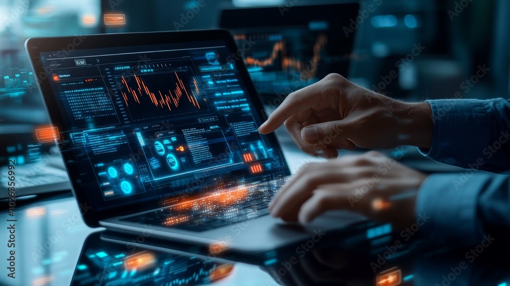 A person's hands on a laptop with a screen showing financial data. A person's hands on a laptop with a screen showing financial data.