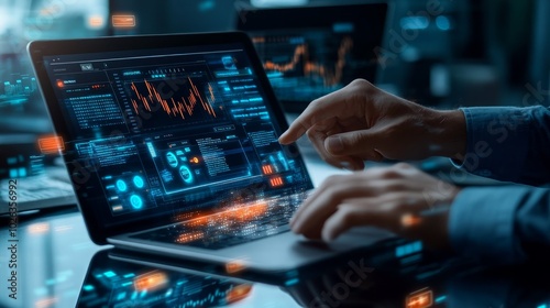 A person's hands on a laptop with a screen showing financial data.