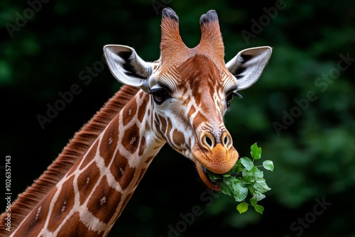 Detailed shot of a giraffeâ€™s tongue reaching for leaves, with the texture of its tongue and the softness of the leaves captured in lifelike clarity photo