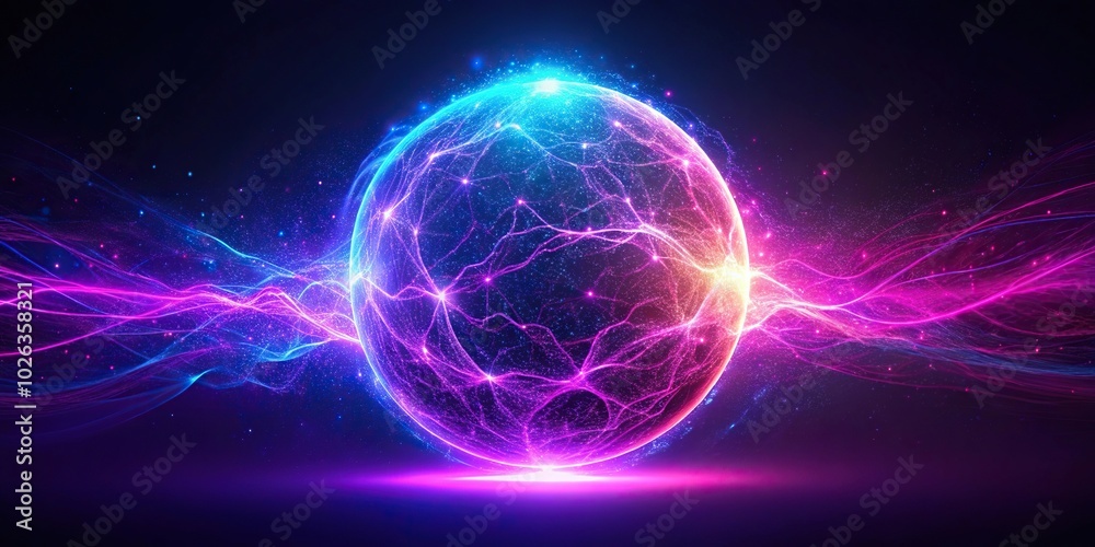 Obraz premium neon energy sphere with waves and sparks on dark background