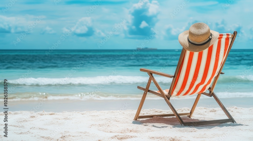 A red and white striped beach chair with a straw hat on the back rests on a sandy beach with turquoise water and a blue sky in the background. A red and white striped beach chair with a straw hat on the back rests on a sandy beach with turquoise water and a blue sky in the background.