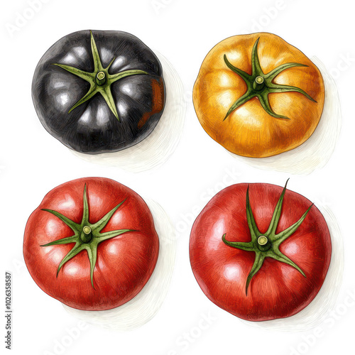 Four colorful tomatoes on a white isolated background.