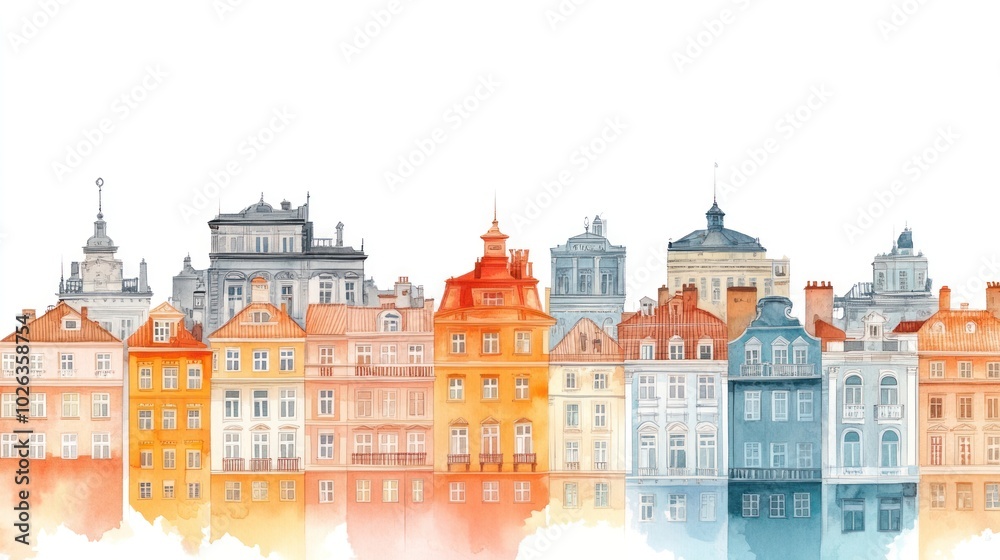 Fototapeta premium A panoramic watercolor painting of a colorful European street lined with ancient buildings. The architecture stands out with its red roofs, intricate decorations, and medieval charm.