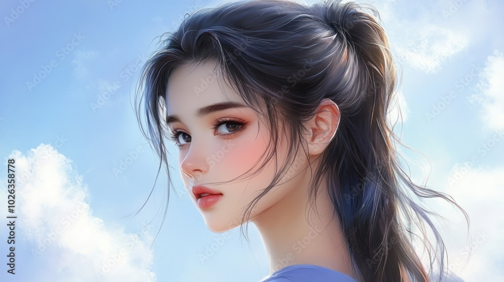 Cartoon portrait of a girl with long dark hair pulled back in profile against a blue sky with white clouds. Cartoon portrait of a girl with long dark hair pulled back in profile against a blue sky with white clouds.