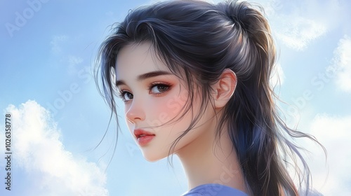 Cartoon portrait of a girl with long dark hair pulled back in profile against a blue sky with white clouds.