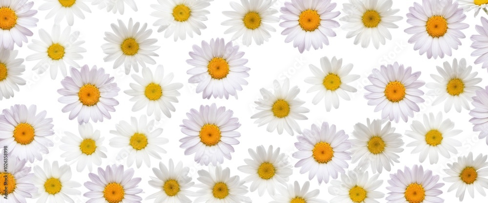 Chamomile flowers collection on white. Set of colorful Chamomile or Daisy flowers background, top view. Floral pattern. Chamomile flowers collection on white. Set of colorful Chamomile or Daisy flowers background, top view. Floral pattern.