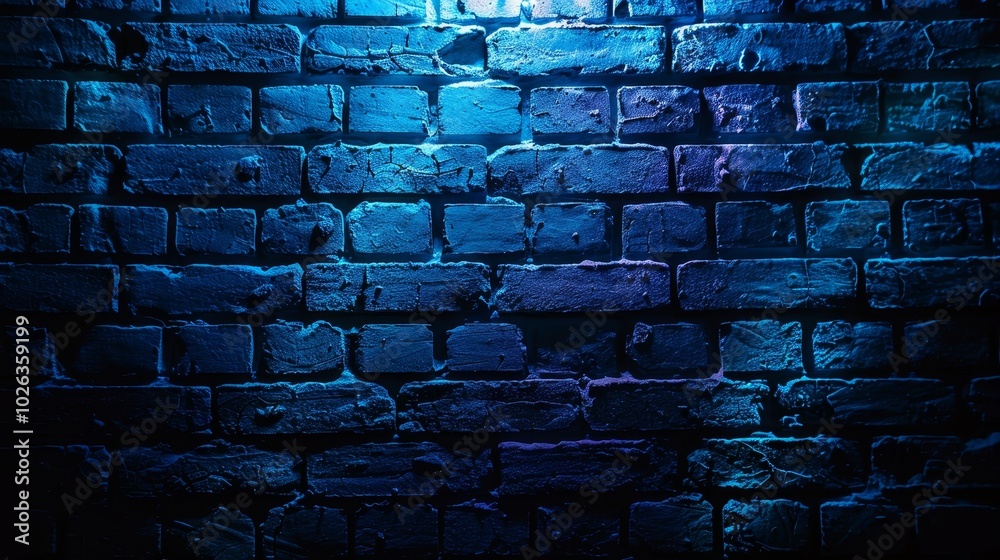 Vibrant urban night scene brick wall bathed in blue neon light creates an atmospheric glow Vibrant urban night scene brick wall bathed in blue neon light creates an atmospheric glow