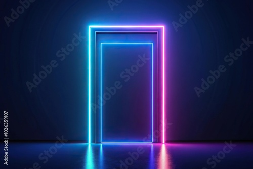 neon glowing door frame on dark navy background