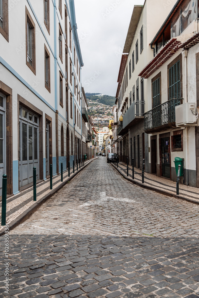 Narrow street with buildings in Funchal city Narrow street with buildings in Funchal city