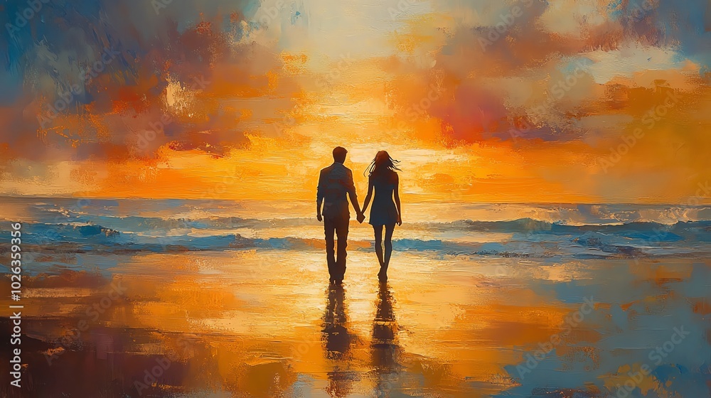 Couple walking hand in hand at sunset on the beach. Couple walking hand in hand at sunset on the beach.