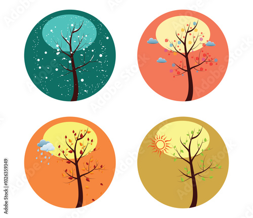 Collection of four seasons beautiful trees set stylized with circles and different style icons. Vector illustration.