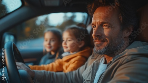 A man is driving a car with two young children in the back seat