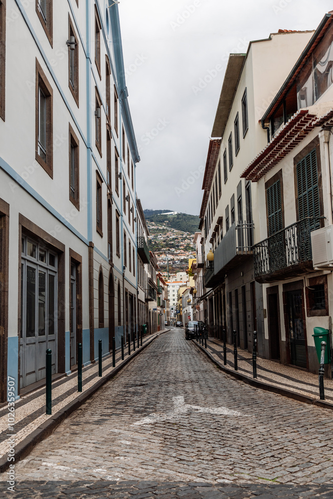 Narrow street with buildings in Funchal city Narrow street with buildings in Funchal city
