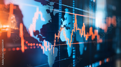 Close-up of digital world map with highlighted countries and trade routes, visualizing the impact of tariffs on global trade and rising economic tension through a graph.