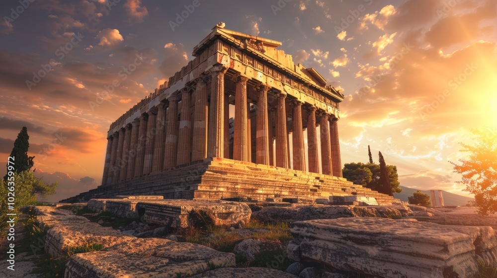 Obraz premium Stunning ancient greek temple at sunset a symmetrical stone structure with majestic columns