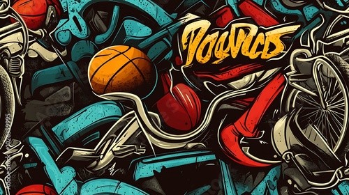 Seamless graffiti pattern incorporating BMX bikes, basketballs, and skateboards, highlighted with neon accents and bold paint strokes, set against a textured city wall, photo