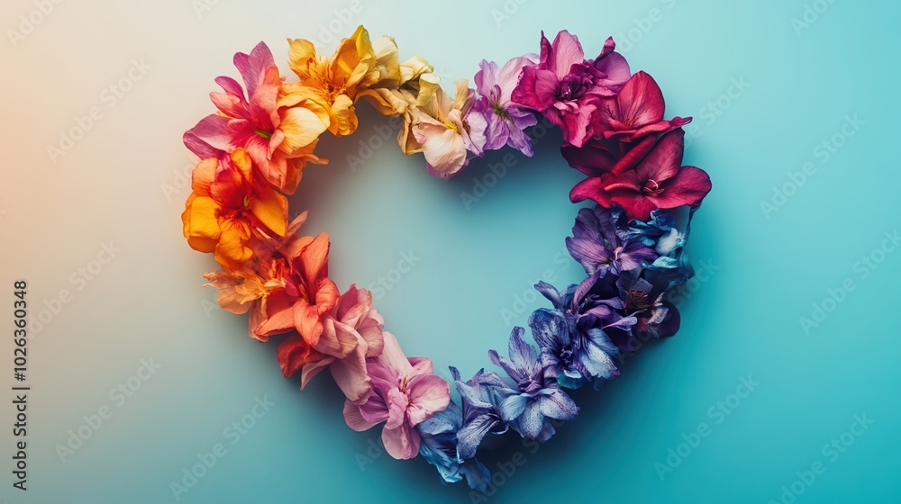 A vibrant heart shape made of colorful flowers on a soft blue background, symbolizing love and beauty in nature.
