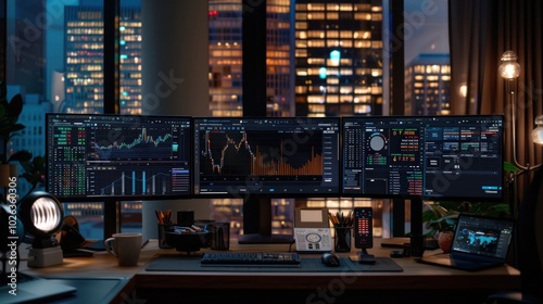 Modern Workspace with Multiple Monitors and City View