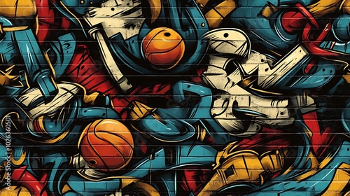 Wallpaper Mural Seamless graffiti pattern incorporating dynamic illustrations of basketballs, BMX bikes, and skateboards, highlighted with neon accents and energetic paint splashes, layered on a worn-out city wall, Torontodigital.ca