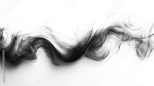 Ethereal black smoke gracefully curls against a white background, creating an abstract and fluid pattern that evokes a sense of movement and mystery.